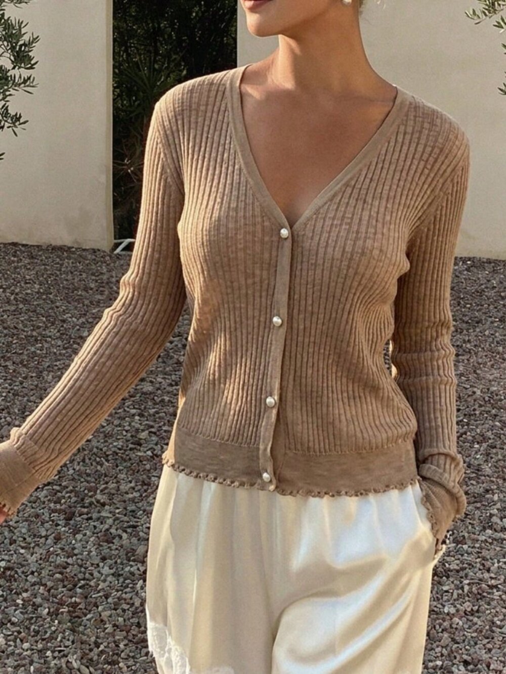 tan Casual Women's Loose V-Neck Cardigan - Picture 2 of 6